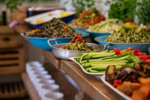 a buffet line with plates of food on a table at Kibbutz Malkiya Travel Hotel in Malkiyya