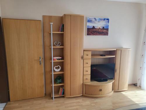 a living room with a book shelf and a television at Graz Liebenau in Graz