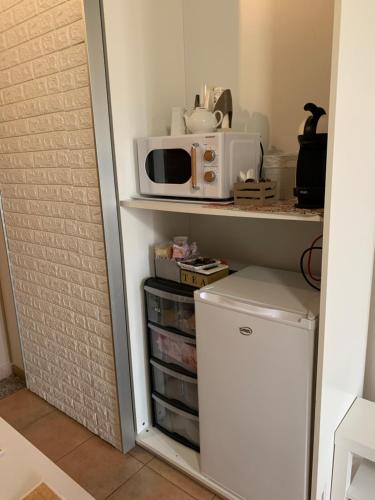 a microwave sitting on top of a refrigerator at Bed and Breakfast Dolly in SantʼAntìoco