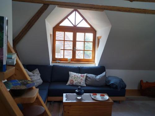 a living room with a blue couch and a window at Relaxen im Taubertal in Niederstetten