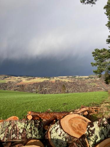 a view of a green field and a cloudy sky at Balmridge House, Loch Ness, Bed & Breakfast in Drumnadrochit
