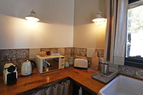 a kitchen with a counter top with a microwave at Bergeries de charme Caselle di Conca in Conca