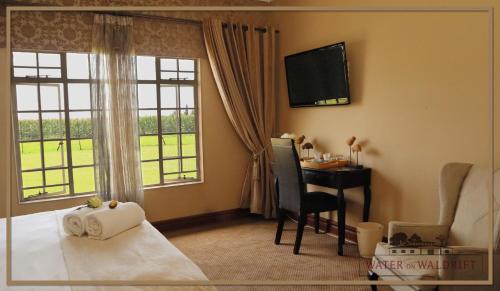 a bedroom with a bed and a desk and a television at Water on Waldrift Guesthouse in Vereeniging