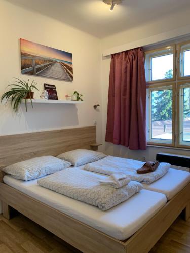 a large bed in a room with a window at Penzion MAR in Hradec Králové
