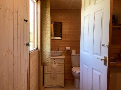 a bathroom with a toilet and a sink and a window at Vigo Retreat cabin 2 in Vigo Village