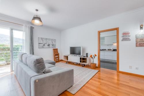 a living room with a couch and a television at Jardim do Jasmineiro in Funchal