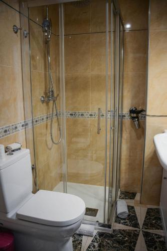 a bathroom with a shower with a toilet and a sink at El Tossal in El Castell de Guadalest