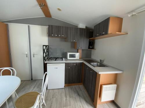 une petite cuisine avec un évier et un micro-ondes dans l'établissement Camping Airotel le Sen-Yan, à Mézos