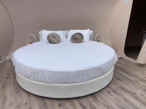 un letto bianco con due cuscini sopra di Bubble Room Tuscany a Marina di Bibbona