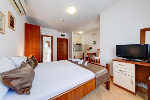 a bedroom with a large bed and a television at Petrovac Holiday Apartments in Petrovac na Moru