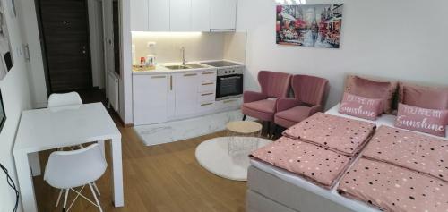 a small room with a bed and a kitchen at Spring deluxe in Novi Sad