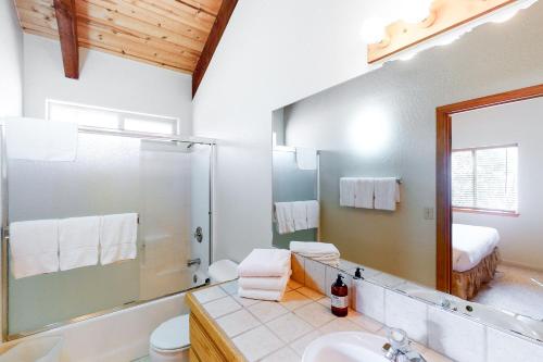a bathroom with a shower toilet and a sink at Streiff Lake House in Bass Lake