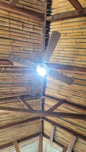 a ceiling fan with a light in a room at Private jungle “Loft del Rio” river access in Uvita