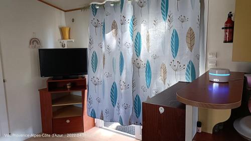 a living room with a television and a curtain at Mobil Home Hyères les palmiers in Hyères