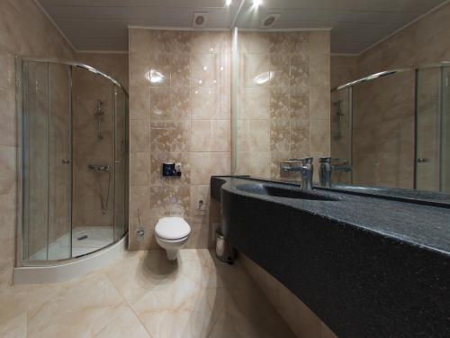 a bathroom with a sink and a shower and a toilet at Ladoga Hotel in Petrozavodsk