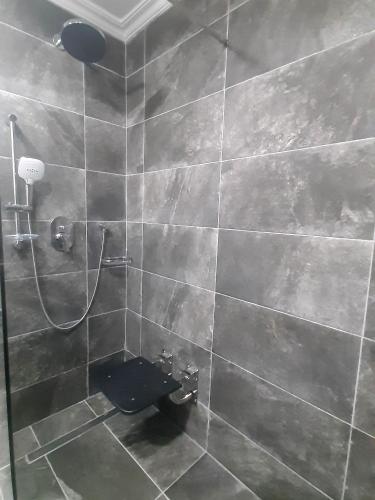 a bathroom with a shower with a toilet at Fiesta Royale Hotel in Accra