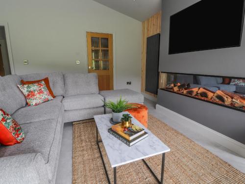 a living room with a couch and a fireplace at Pool View in Meifod