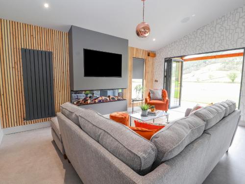 a living room with a couch and a tv at Pool View in Meifod