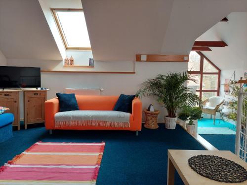 un divano arancione in soggiorno con moquette blu di Dvoupokojový apartmán s kuchyňským koutem a Kutná Hora