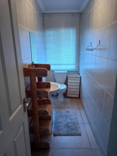 a bathroom with a toilet and a sink at Sola Fide Self Catering Apartment in Jeffreys Bay