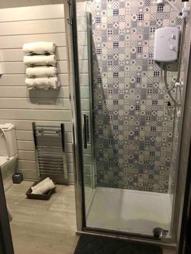 a bathroom with a shower with a glass door at Rockschapel Cabin 30B in Annacloy