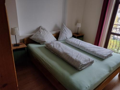 ライプツィヒにある3 Raum Ferienwohnung in Leipzig 2 km vom Stadtzentrum entferntの窓付きの客室のベッド1台に枕2つ
