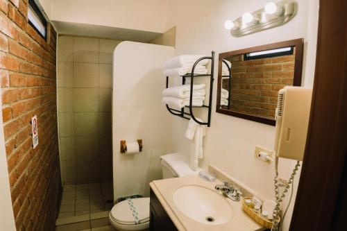 a bathroom with a sink and a toilet and a mirror at Quinta Sofia Valle de Guadalupe in Valle de Guadalupe