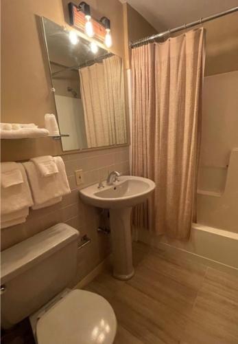 a bathroom with a sink and a toilet and a shower at The Snowed Inn in Killington