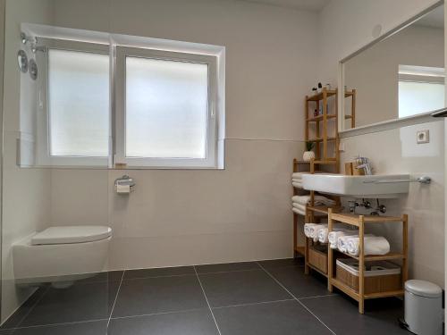 ein Bad mit einem Waschbecken, einem WC und einem Fenster in der Unterkunft VonMos Balkon Apartment in Bernkastel-Kues