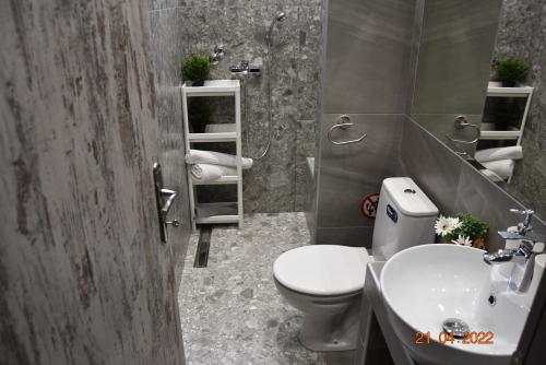 a bathroom with a toilet and a sink at Le An Apartments Thalassa in Keramotí