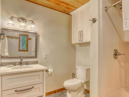 a bathroom with a toilet and a sink and a mirror at Ripplewood - Meredith Lodging in Welches
