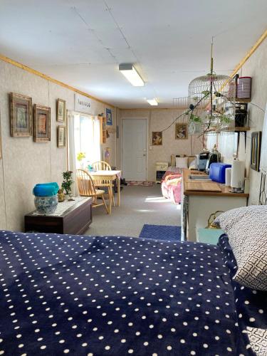 a room with a bed with a blue and white blanket at Jade City Bungalow in Jade City