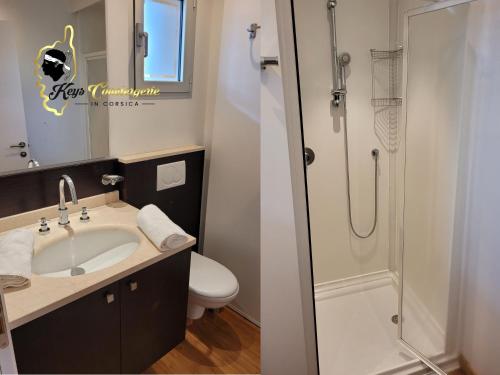 une salle de bain avec un lavabo, une douche et des toilettes dans l'établissement Studio 4 pers Piscine Chauffée accès à pied à la plage Santa Giulia, à Porto-Vecchio