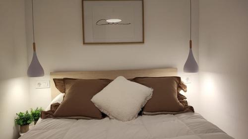um quarto com uma cama com almofadas e uma fotografia em Apartamentos La Herradura Viñas em Haro