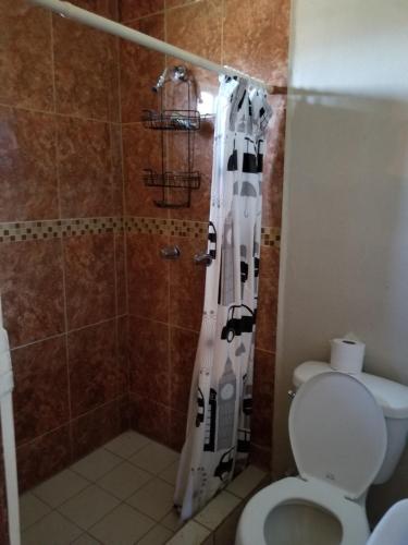 a shower curtain in a bathroom with a toilet at Cabañas Los Laureles ruta del vino in Ensenada