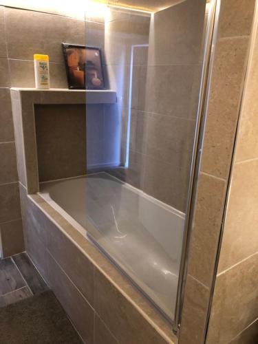 a shower with a glass door in a bathroom at cocooning in Rumersheim-le-Haut