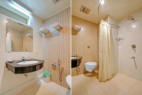 two pictures of a bathroom with a sink and a toilet at The Fort Manor Hotel - Kochi Kerala in Fort Kochi