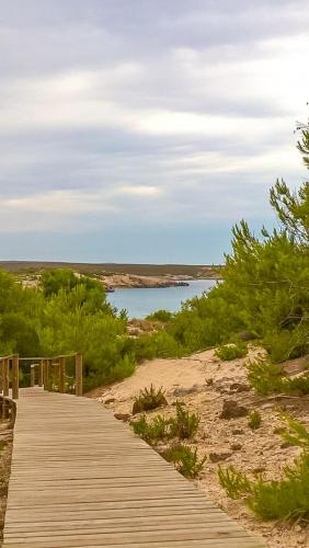 a wooden boardwalk over a beach with a body of water at Ca Minorica -Apartamento- in Son Parc