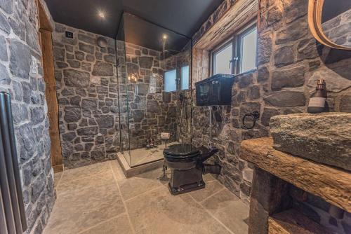 een stenen badkamer met een douche en een toilet bij Luxury barn, newly renovated with river views in Staveley