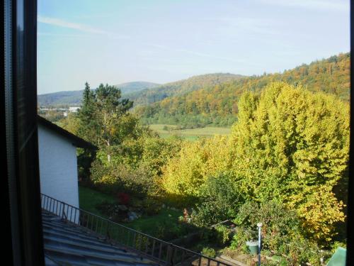 a view of a valley with trees and a house at Haus Schipper am Wald in Gemünden