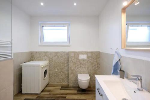 a bathroom with a toilet and a sink at Central Garden House (family friendly!) in Postojna