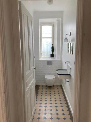a bathroom with a toilet and a sink and a window at Appartement Villa Medreville in Nancy