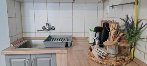 a kitchen counter with a sink and a basket of utensils at Lugas Apartman Miskolctapolca in Miskolctapolca