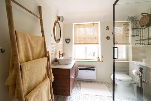 a bathroom with a sink and a toilet and a shower at Pils Parka Apartamenti in Kuldīga