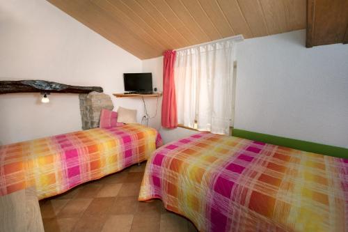 een slaapkamer met 2 bedden en een raam bij Apartment Pod Lipom in Roč