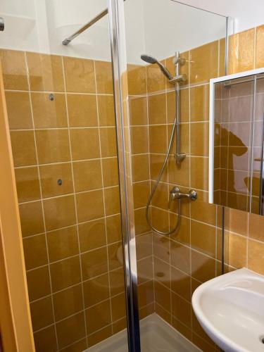 La salle de bains est pourvue d'une douche et d'un lavabo. dans l'établissement Studio CV - Calme, clair, à Montpellier