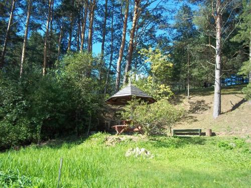 a gazebo with a bench in a field at Višķezers in Višķi