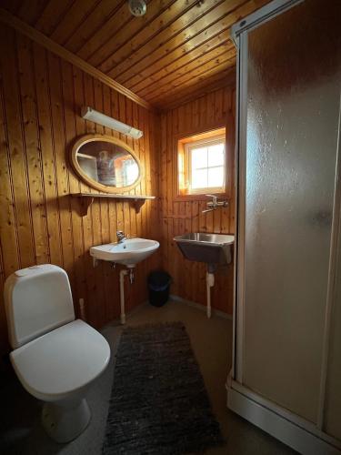 a bathroom with a toilet and a sink and a mirror at Sakrisøy Rorbuer in Reine