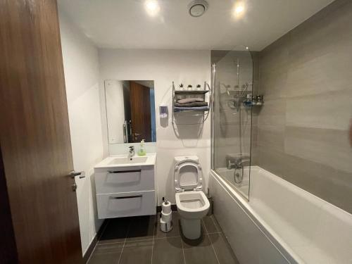 a bathroom with a toilet and a sink and a shower at Modern Apartment near Bullring in Birmingham