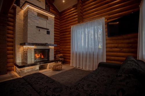 a living room with a fireplace in a log cabin at Okka Holiday Home in Alajõe